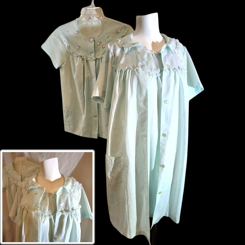 Vintage 60s 70s Sears Nightgown Robe & Shirt 3pc Set Blue Floral Lace Size S/M